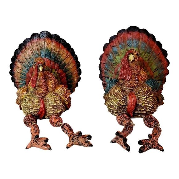 Set of 2 Turkey Thanksgiving Shelf Sitter Window Sill Decoration Door Hanger - Picture 2 of 12